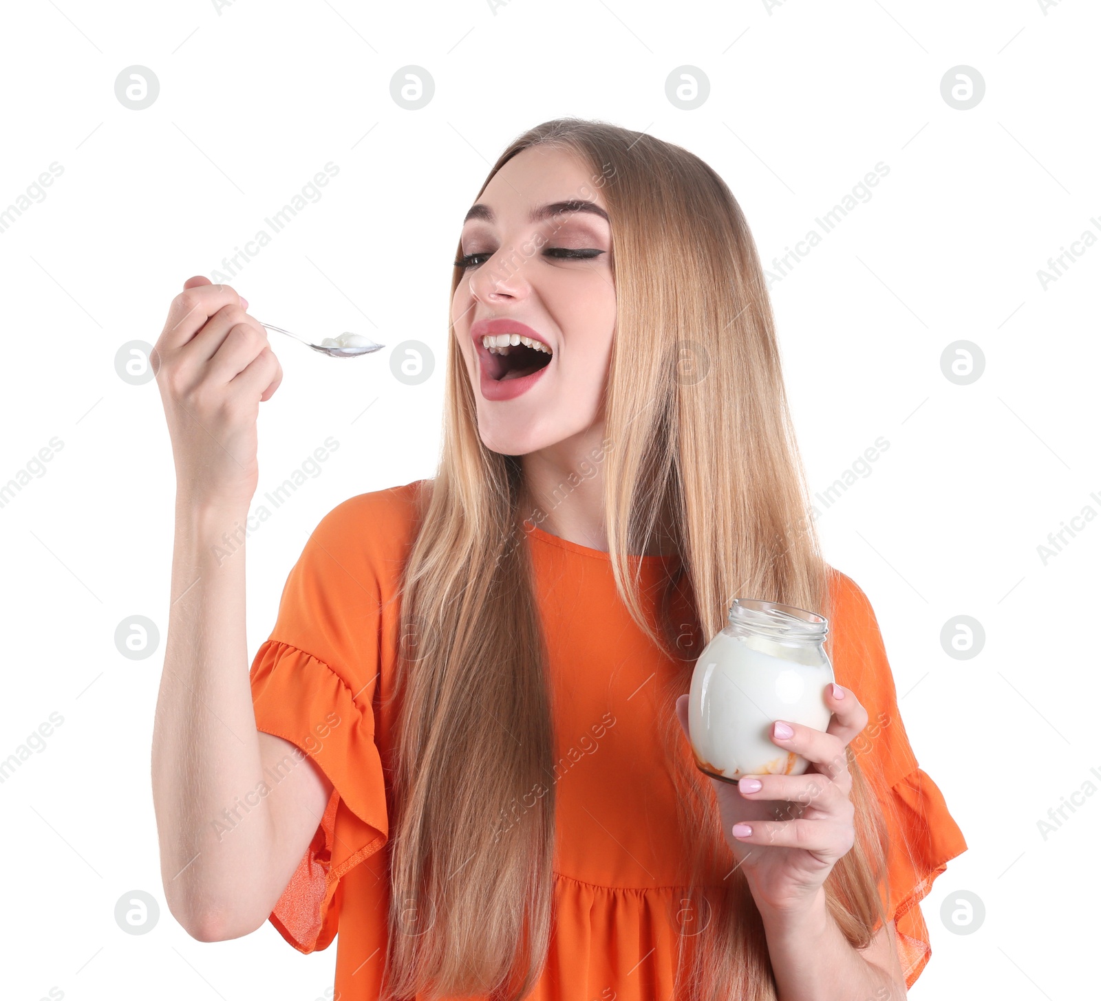 Photo of Young woman with yogurt on white background