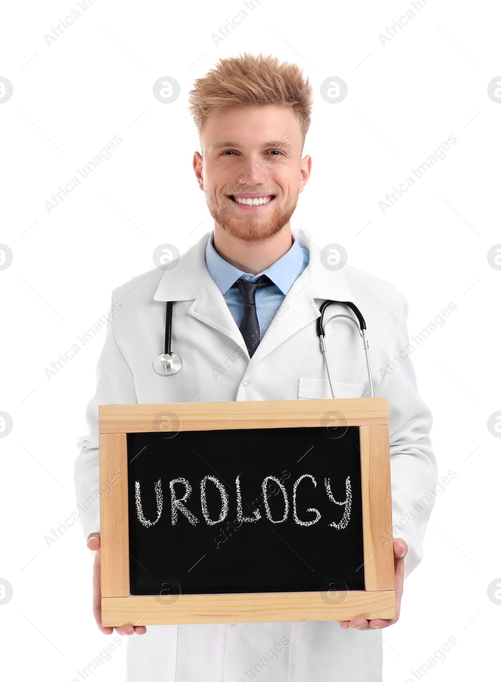 Photo of Male doctor holding small blackboard with word UROLOGY on white background