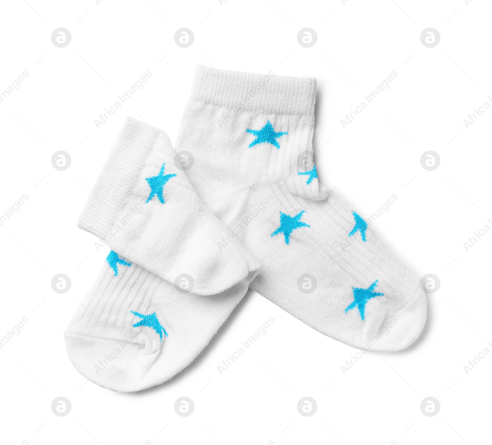 Photo of Cute child socks on white background, top view