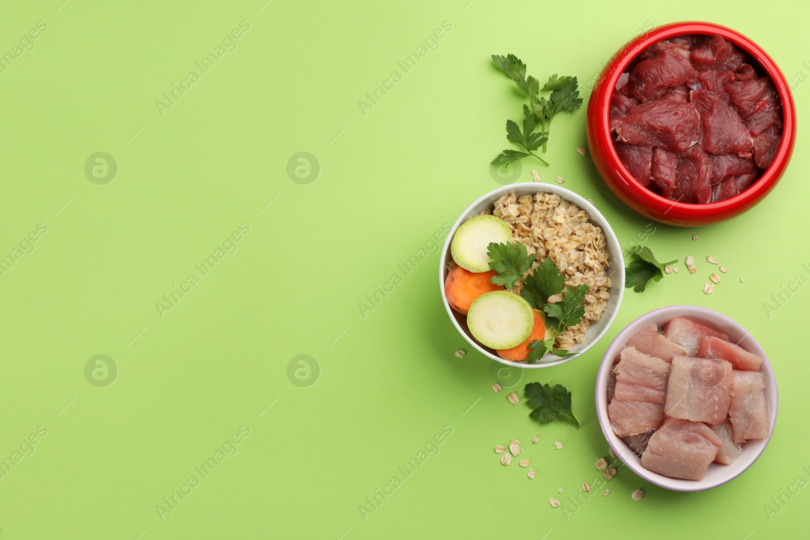 Photo of Pet food and natural ingredients on green background, flat lay. Space for text
