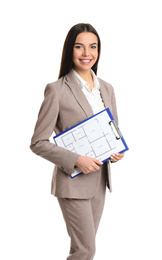 Photo of Real estate agent with clipboard on white background