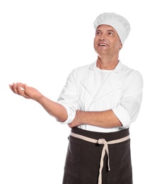 Mature male chef in apron on white background