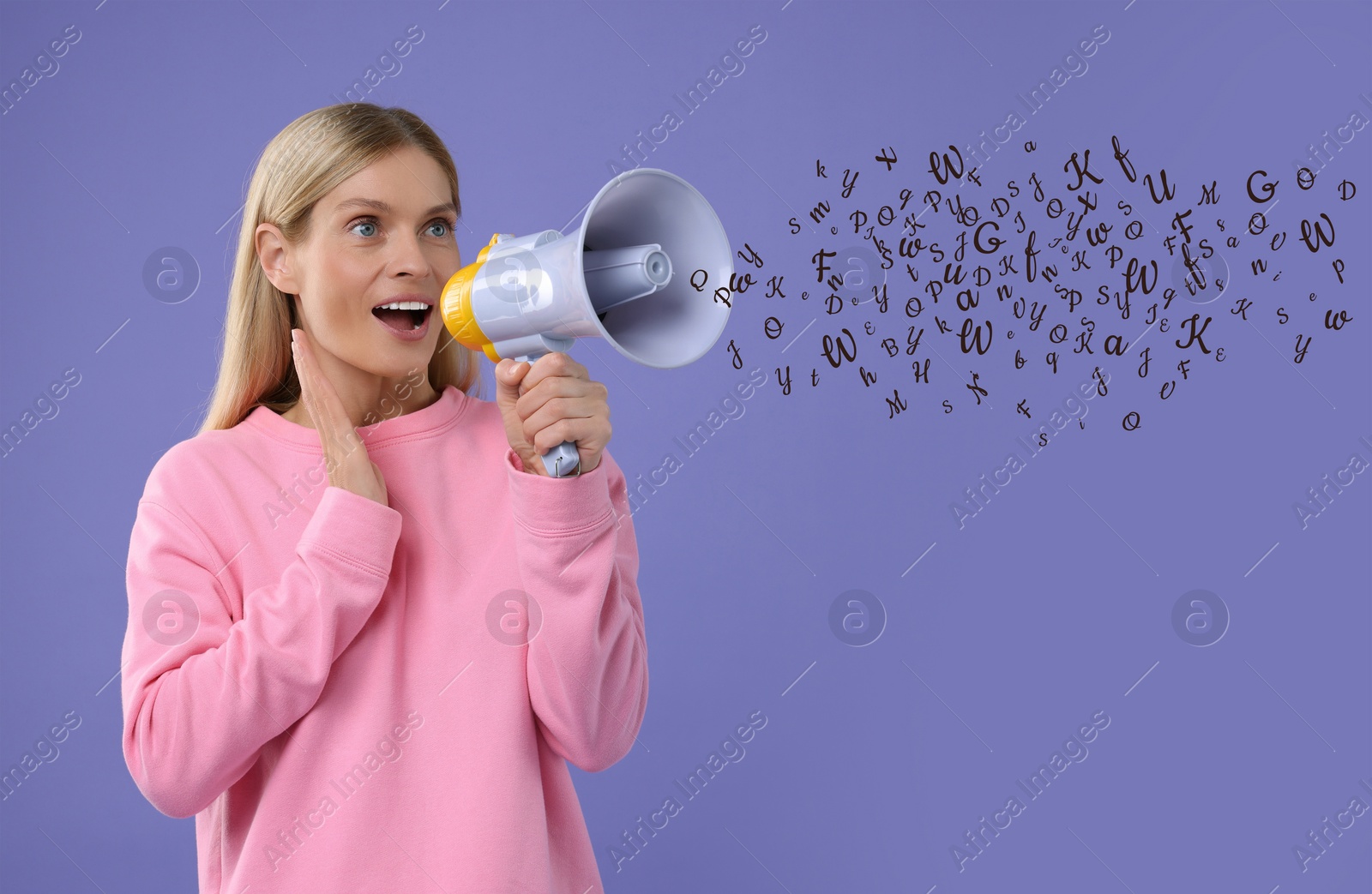 Image of Woman using megaphone on violet background. Letters flying out of device
