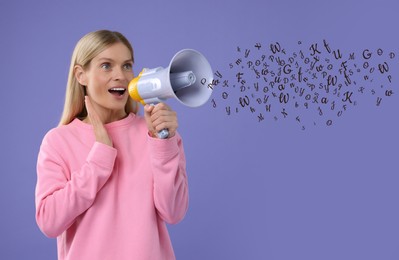 Image of Woman using megaphone on violet background. Letters flying out of device