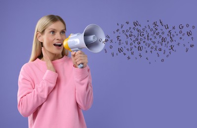 Woman using megaphone on violet background. Letters flying out of device