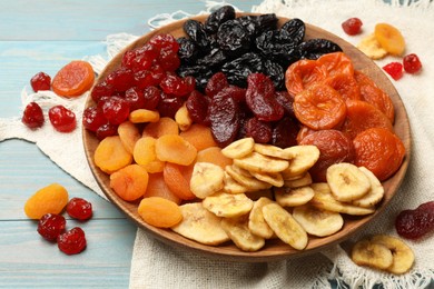 Photo of Delicious dried fruits on light blue wooden table, closeup