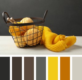 Image of Soft yellow woolen yarns with knitting needles and sweater on white table. Composition inspired by colors of the year 2021