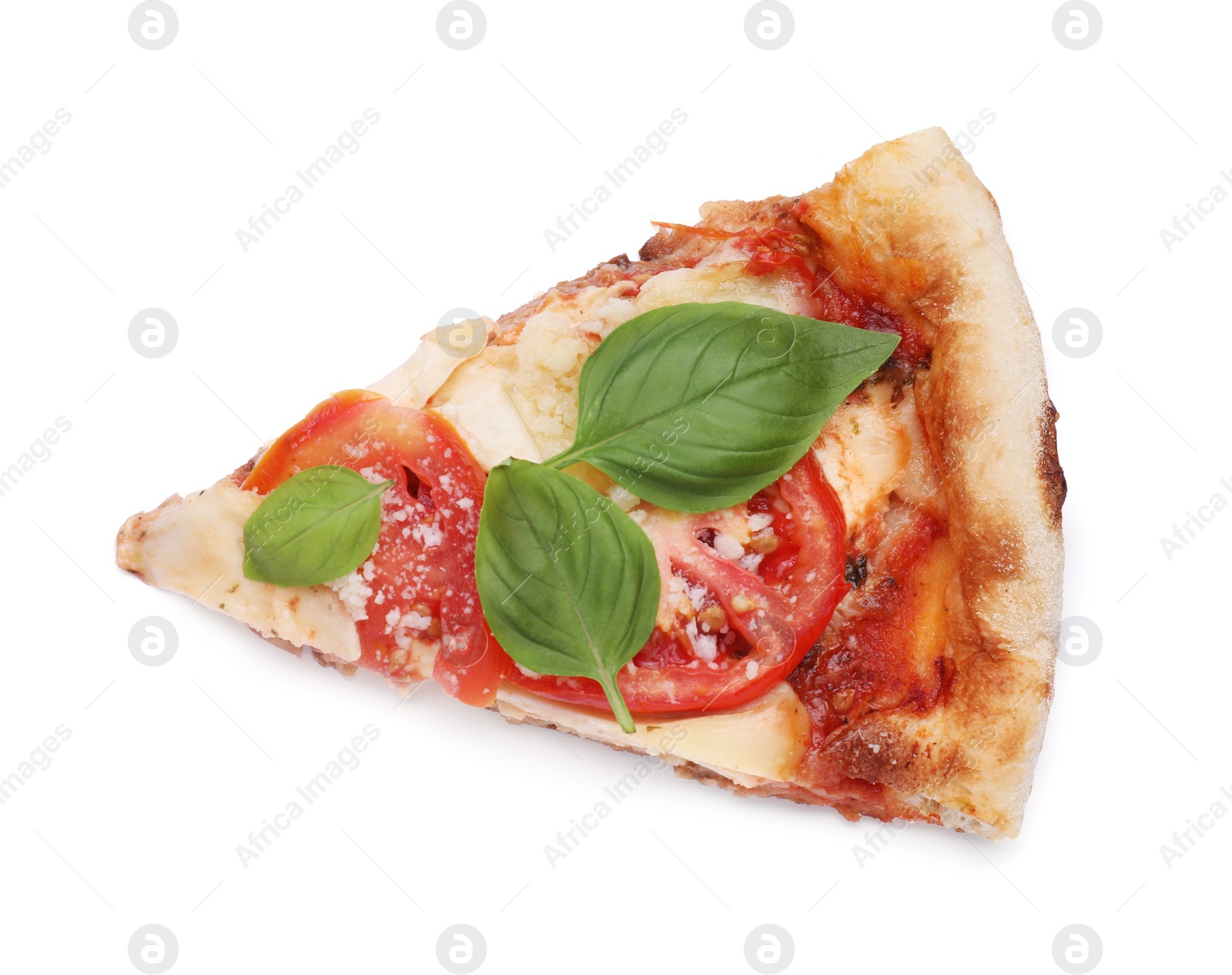 Photo of Piece of delicious Caprese pizza isolated on white, top view