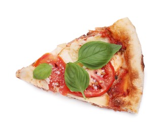 Photo of Piece of delicious Caprese pizza isolated on white, top view