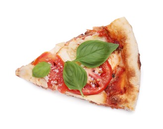 Piece of delicious Caprese pizza isolated on white, top view