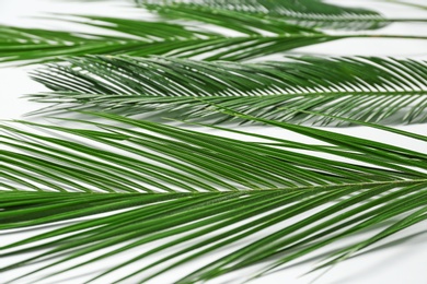 Photo of Beautiful tropical leaves on table, closeup