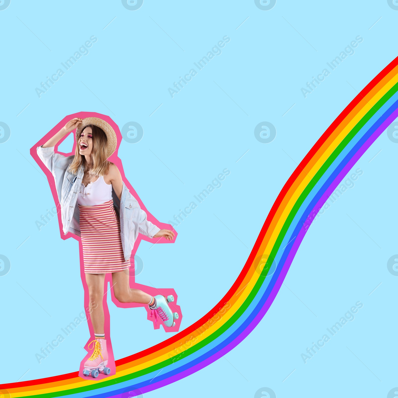 Image of Pop art poster. Beautiful woman roller skating on rainbow against light blue background