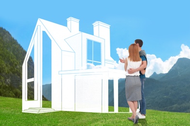 Image of Couple dreaming about future house. Landscape with building illustration