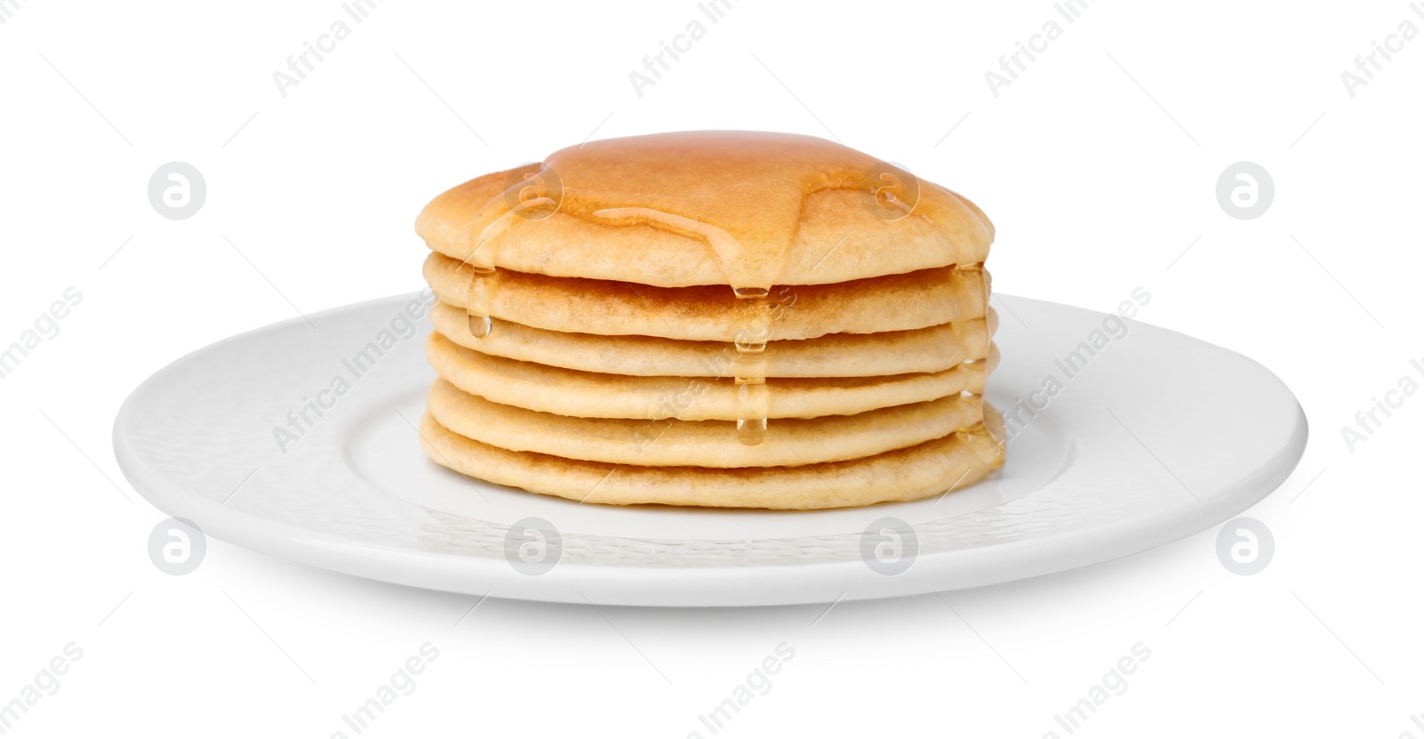 Photo of Stack of tasty pancakes with honey isolated on white