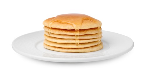 Photo of Stack of tasty pancakes with honey isolated on white