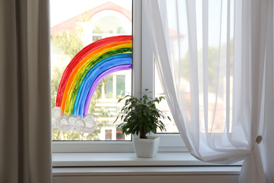 Photo of Picture of rainbow on window and houseplant indoors. Stay at home concept