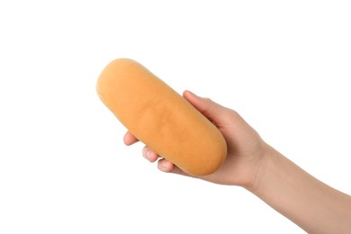 Photo of Woman with fresh hot dog bun on white background, closeup