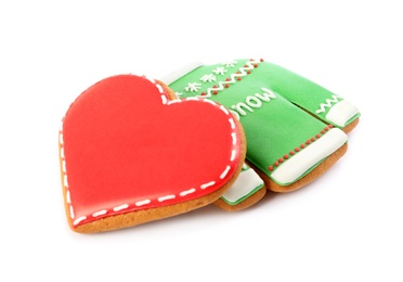 Photo of Different delicious Christmas cookies on white background