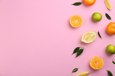 Flat lay composition with tangerines and different citrus fruits on pink background. Space for text