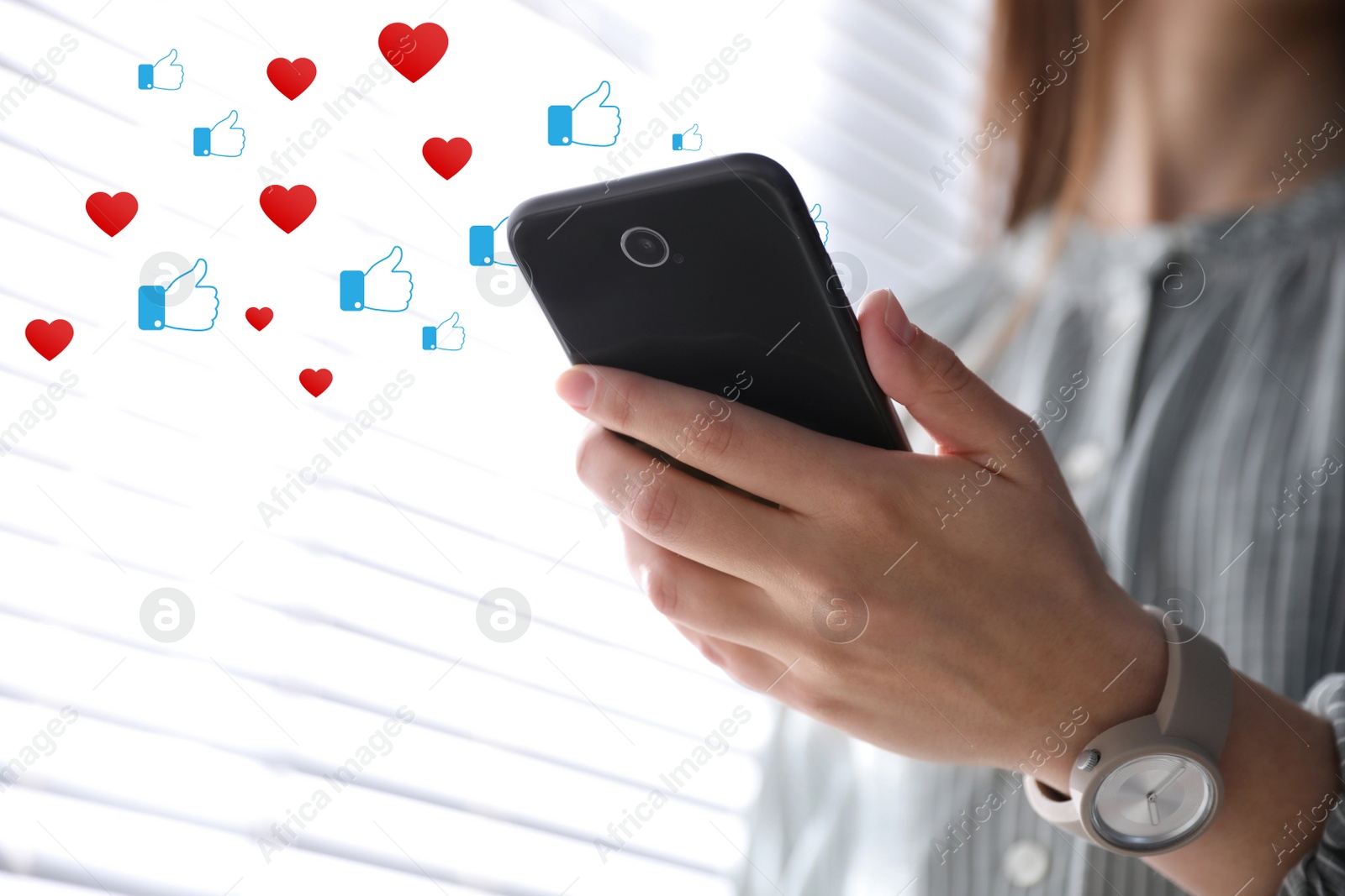 Image of Young woman using smartphone indoors, closeup. Social media