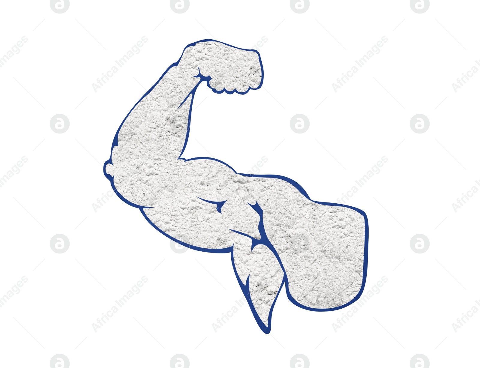 Illustration of Muscular man showing biceps on white background, closeup. Silhouette of hand made with amino acids powder