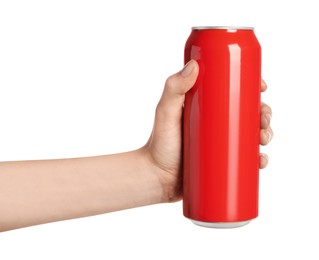 Photo of Woman holding red aluminum can on white background, closeup