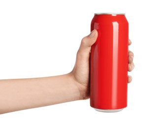 Woman holding red aluminum can on white background, closeup