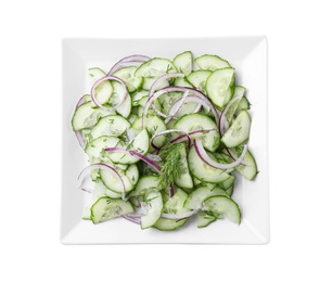 Plate with tasty cucumber salad on white background, top view