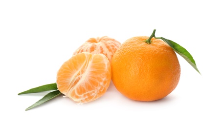 Fresh ripe tangerines on white background. Citrus fruit