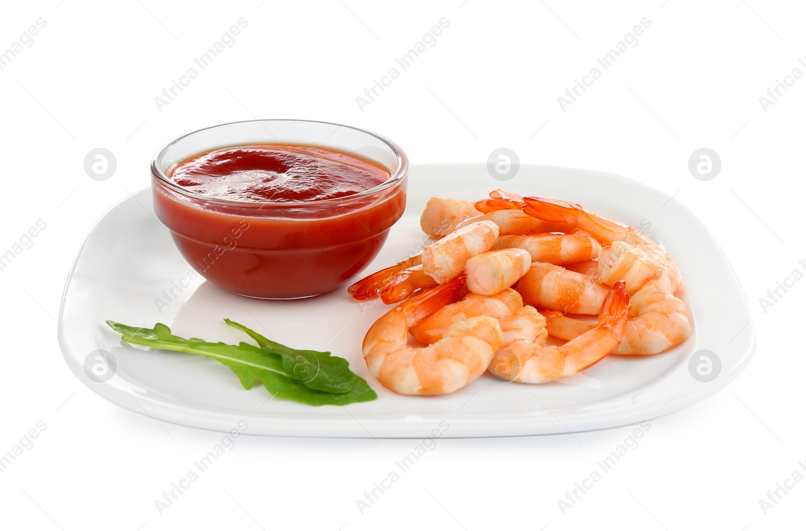 Photo of Delicious shrimp cocktail with tomato sauce isolated on white