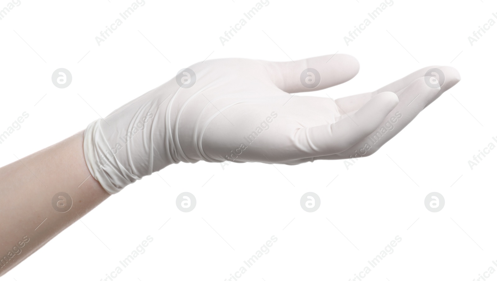 Photo of Woman wearing medical glove on white background, closeup