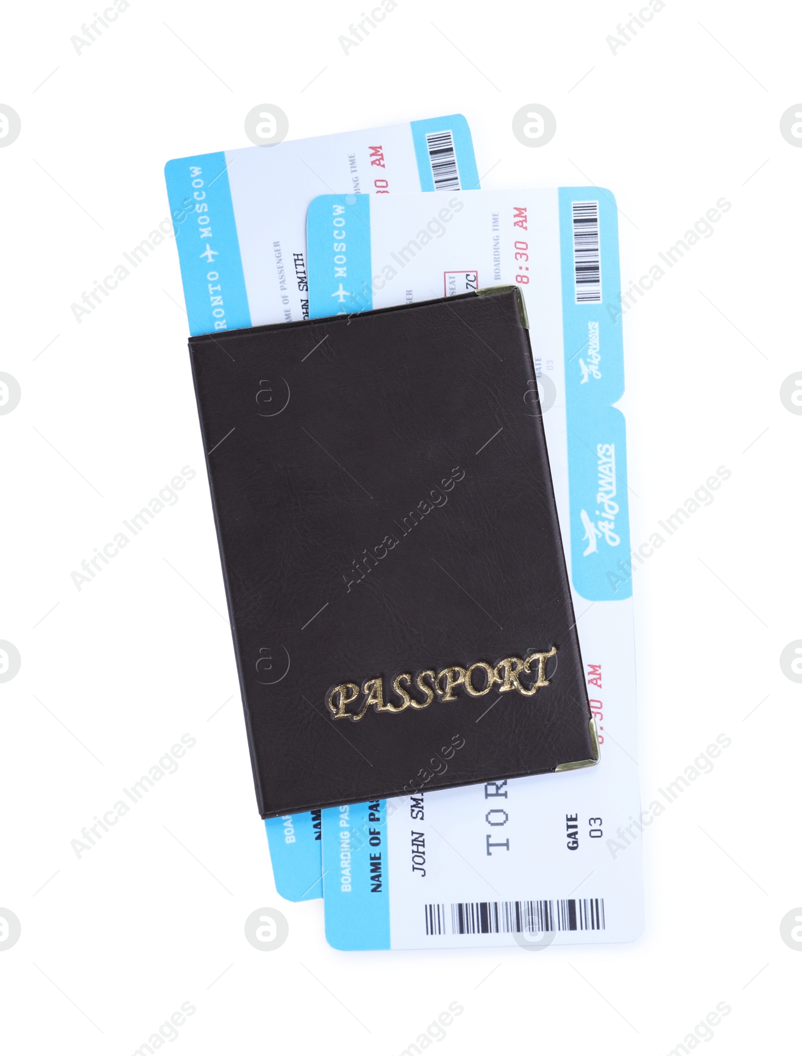 Photo of Passport and tickets isolated on white, top view. Travel agency concept