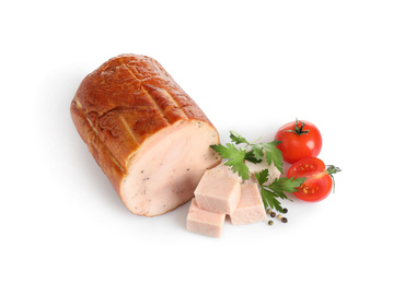 Photo of Tasty ham with cherry tomatoes, parsley and pepper isolated on white