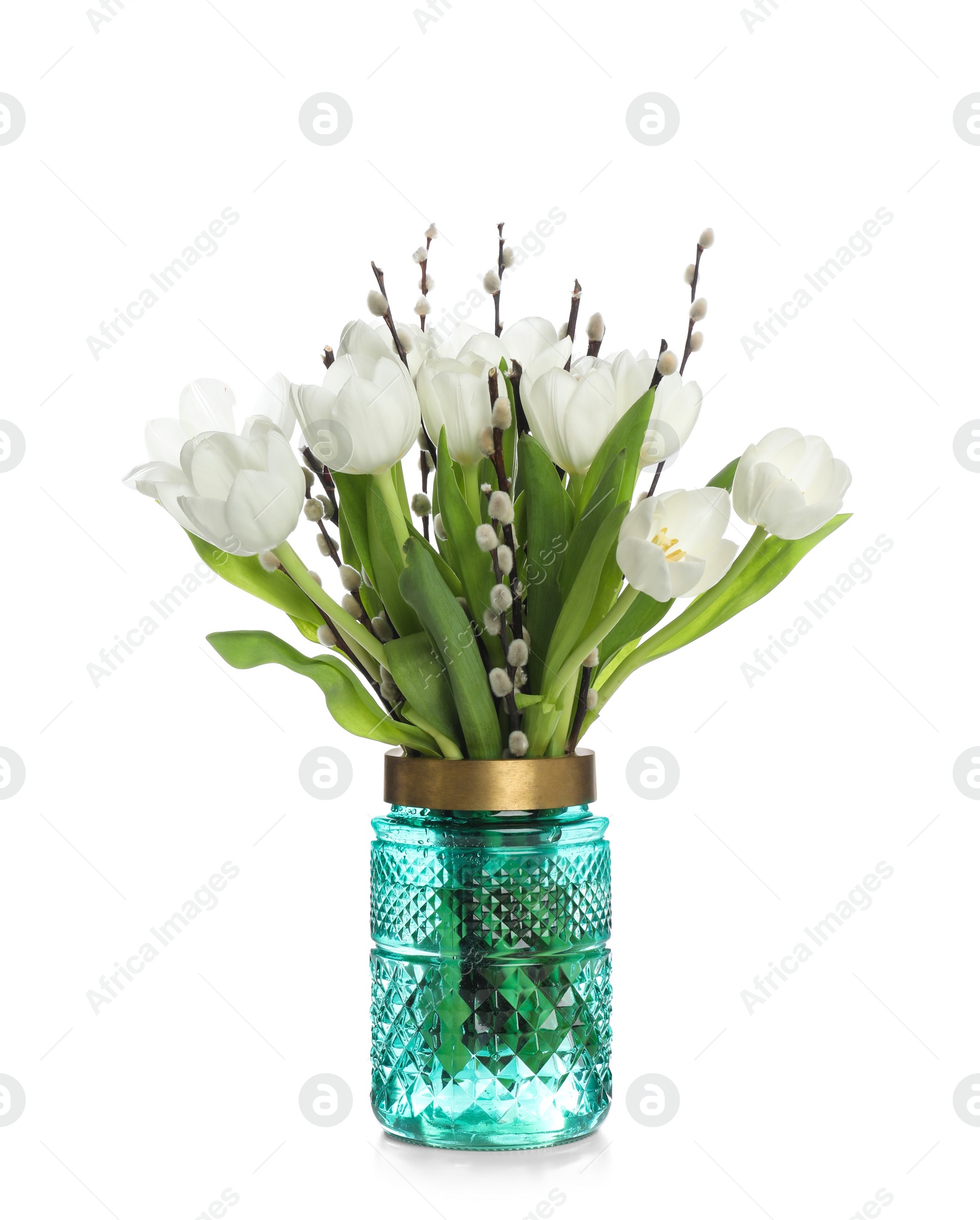 Photo of Beautiful bouquet of willow branches and tulips in vase isolated on white