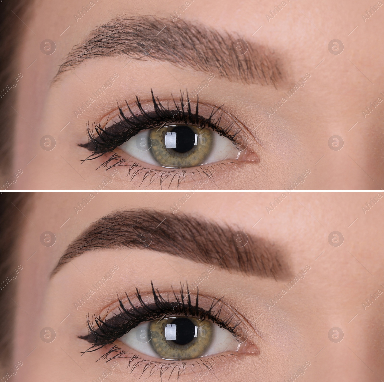 Image of Collage with photos of young woman before and after permanent makeup procedure, closeup