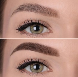 Image of Collage with photos of young woman before and after permanent makeup procedure, closeup