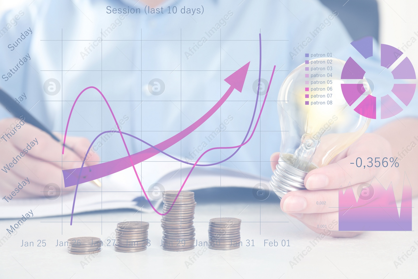 Image of Woman with light bulb, notebook and coins at white table, closeup. Energy saving