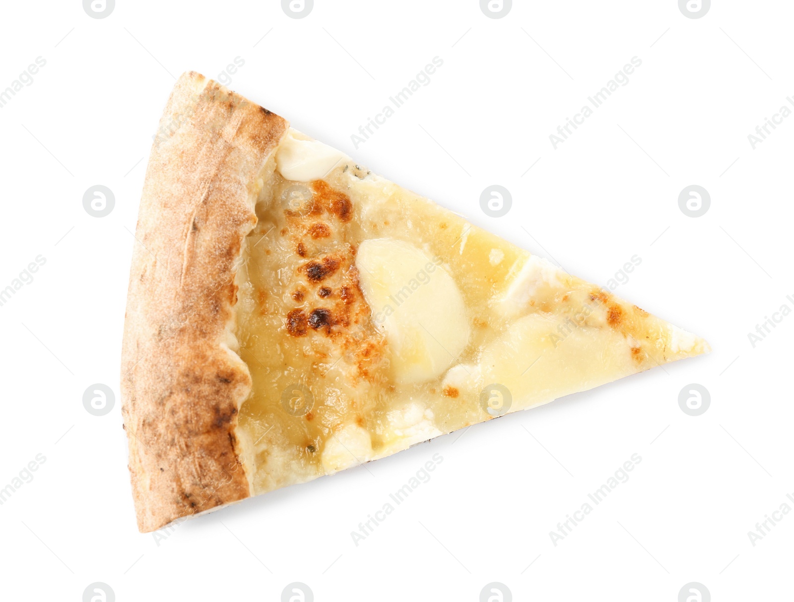 Photo of Slice of tasty cheese pizza isolated on white, top view