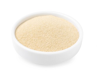 Photo of Granulated yeast in bowl on white background