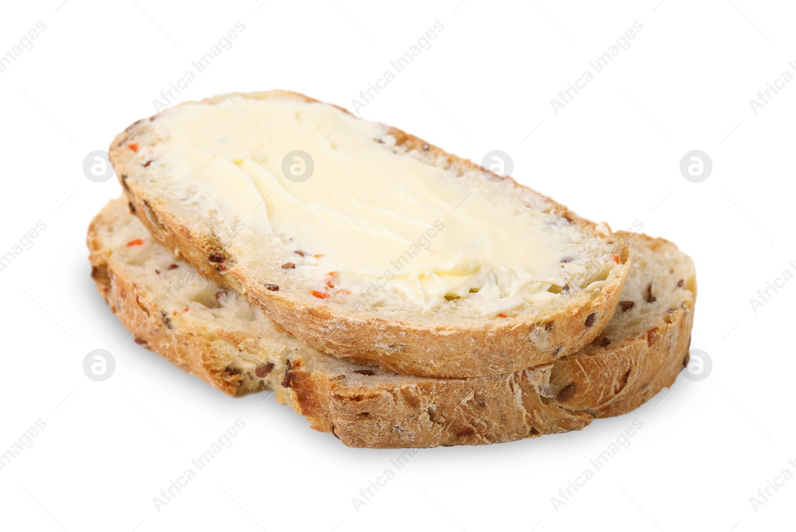 Photo of Slices of tasty bread with butter isolated on white