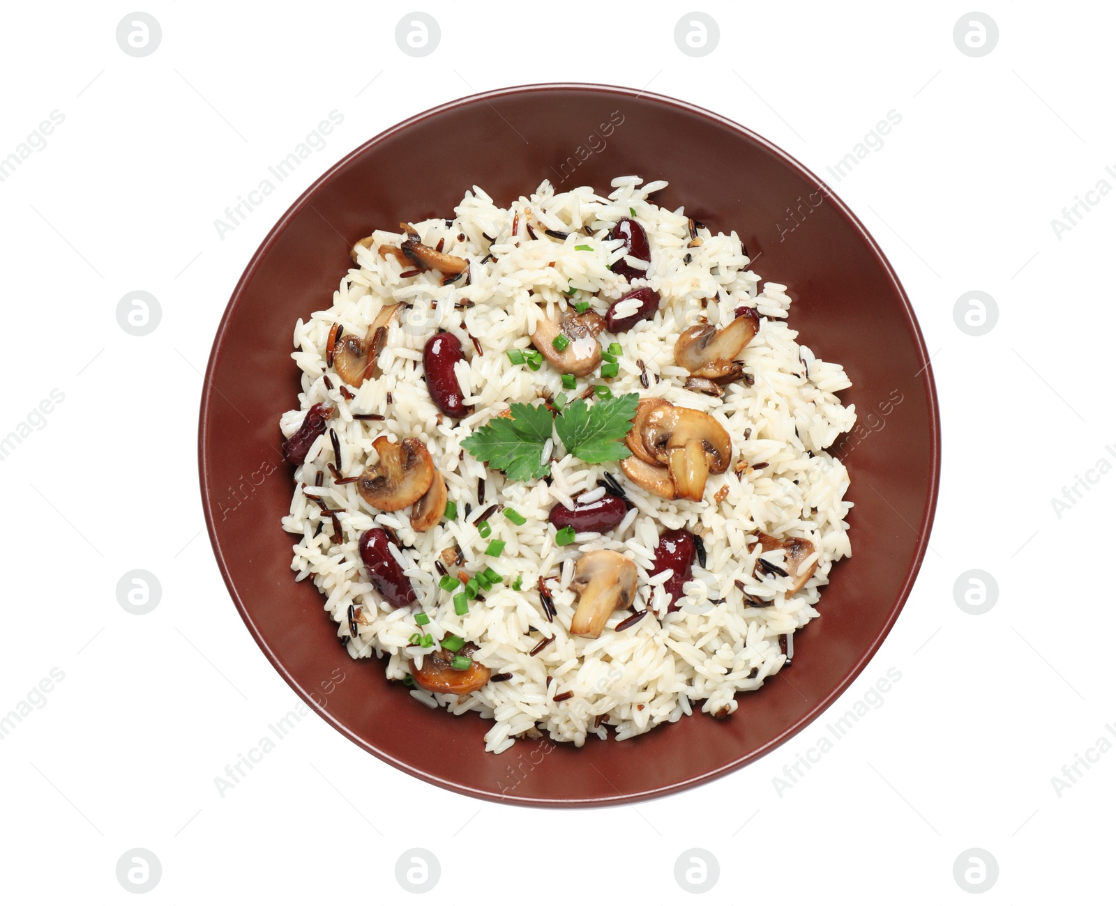Photo of Delicious rice pilaf with mushrooms isolated on white, top view