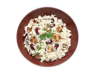 Delicious rice pilaf with mushrooms isolated on white, top view
