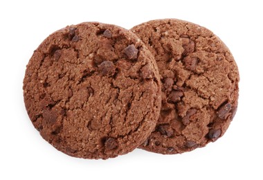 Delicious chocolate chip cookies isolated on white, top view