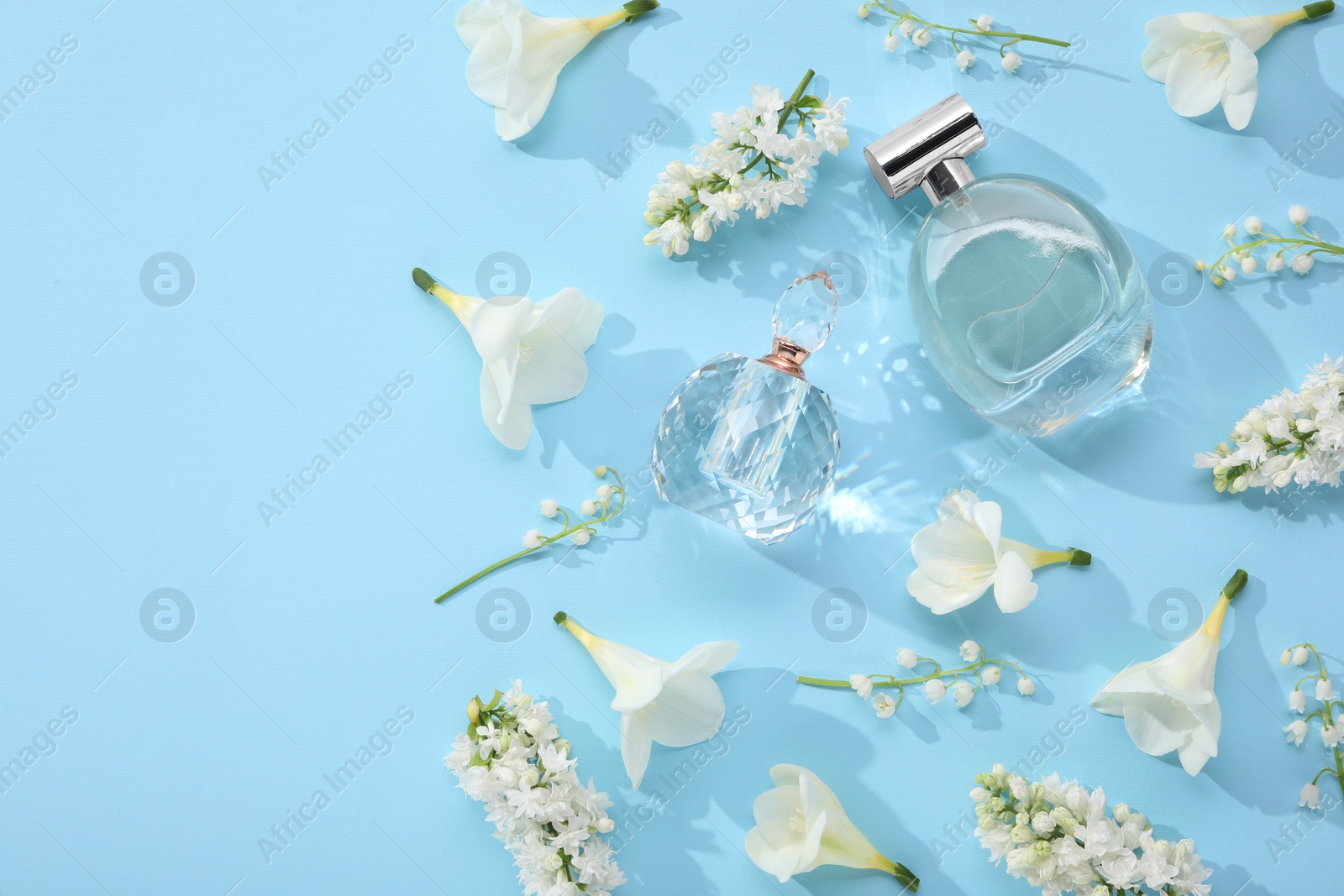 Photo of Luxury perfumes and floral decor on light blue background, flat lay. Space for text