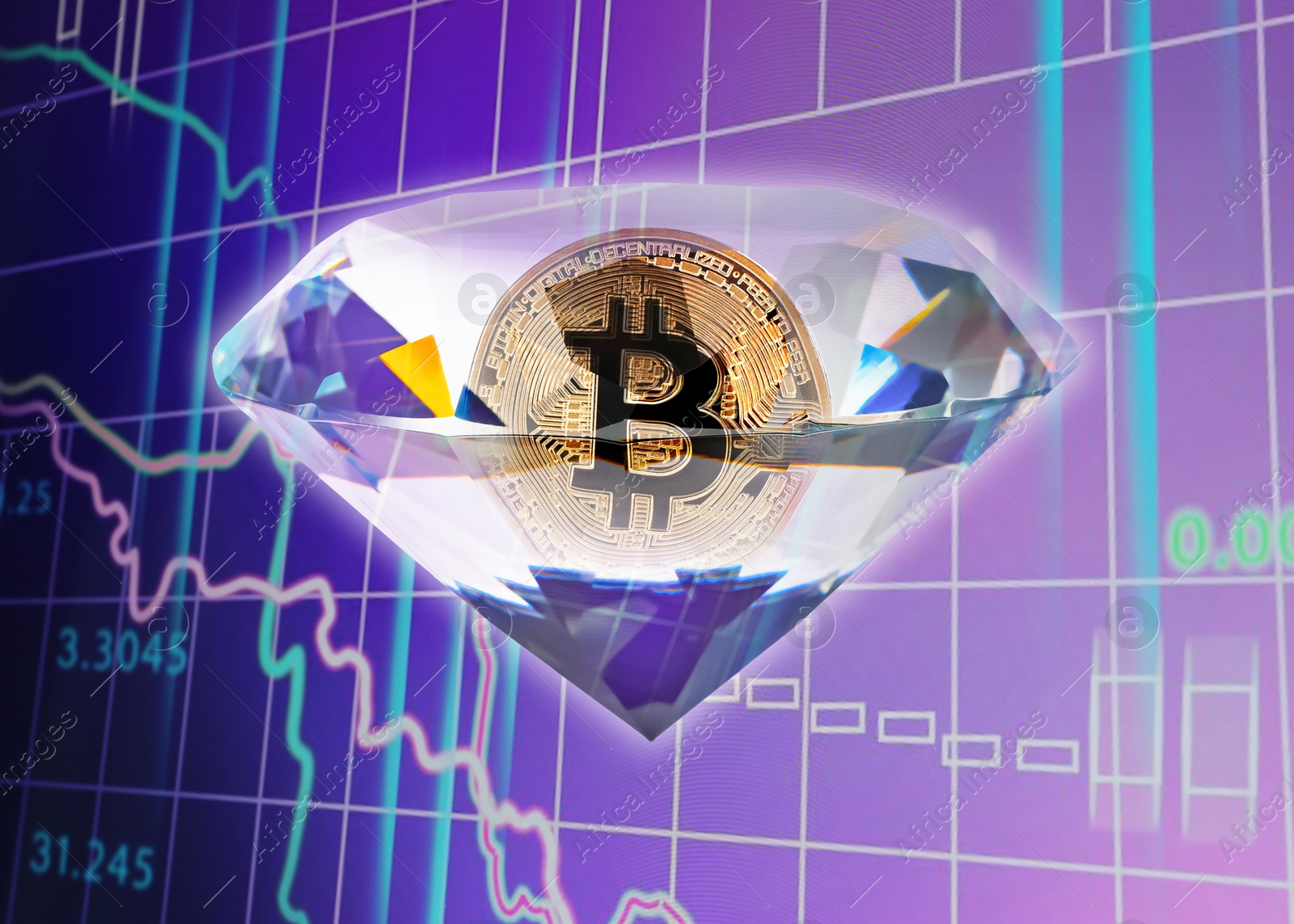 Image of Golden bitcoin in shiny diamond against charts