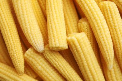 Tasty fresh yellow baby corns as background, top view