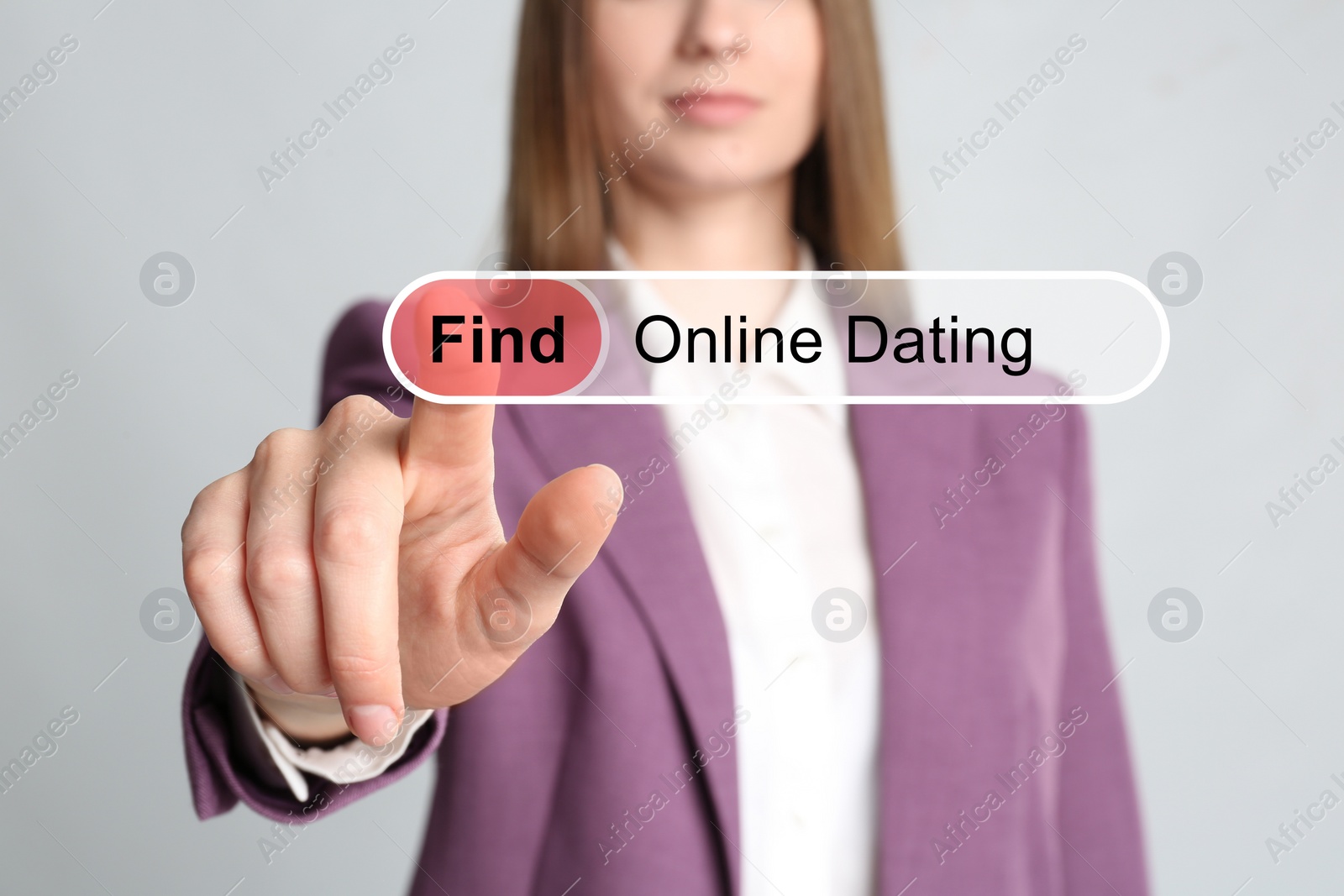 Image of Woman pointing at search bar with request Online Dating on light grey background, closeup