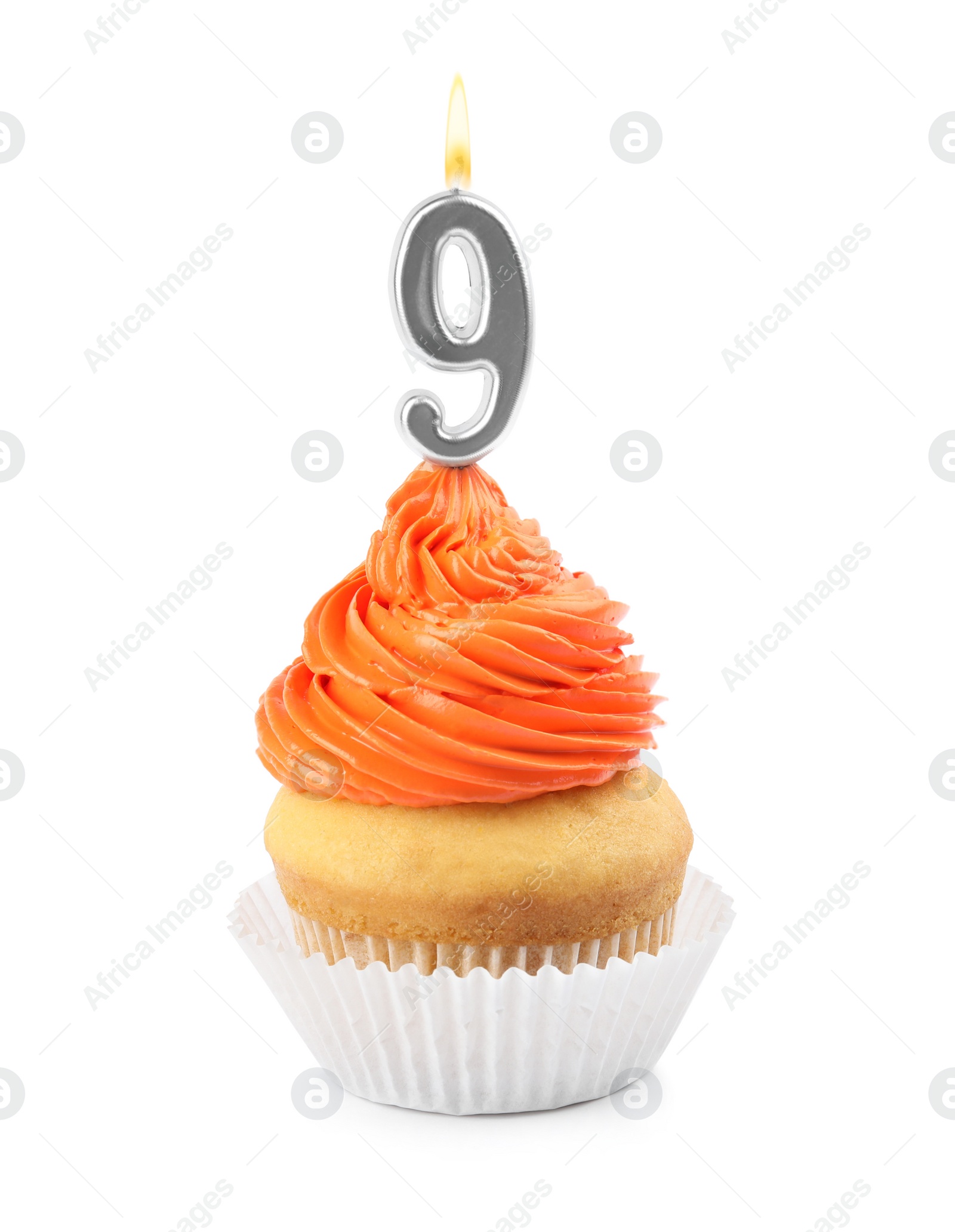 Photo of Birthday cupcake with number nine candle on white background