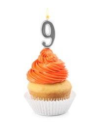 Birthday cupcake with number nine candle on white background