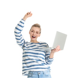 Portrait of emotional young woman with laptop isolated on white